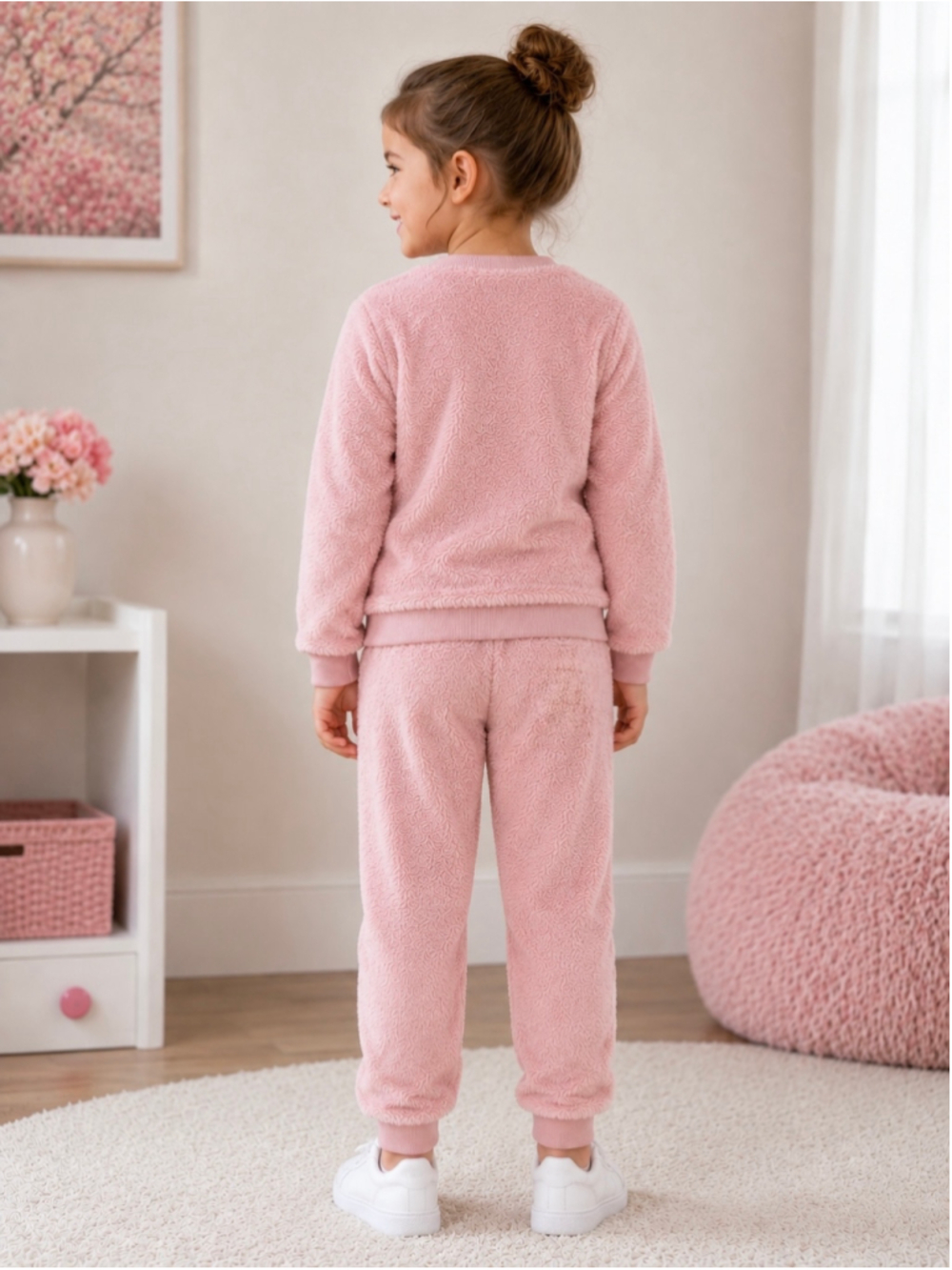 Derek Heart Girls Pink Cherry Sequin Sherpa Fleece Sweatshirt & Jogger Set - Picture 3 of 12
